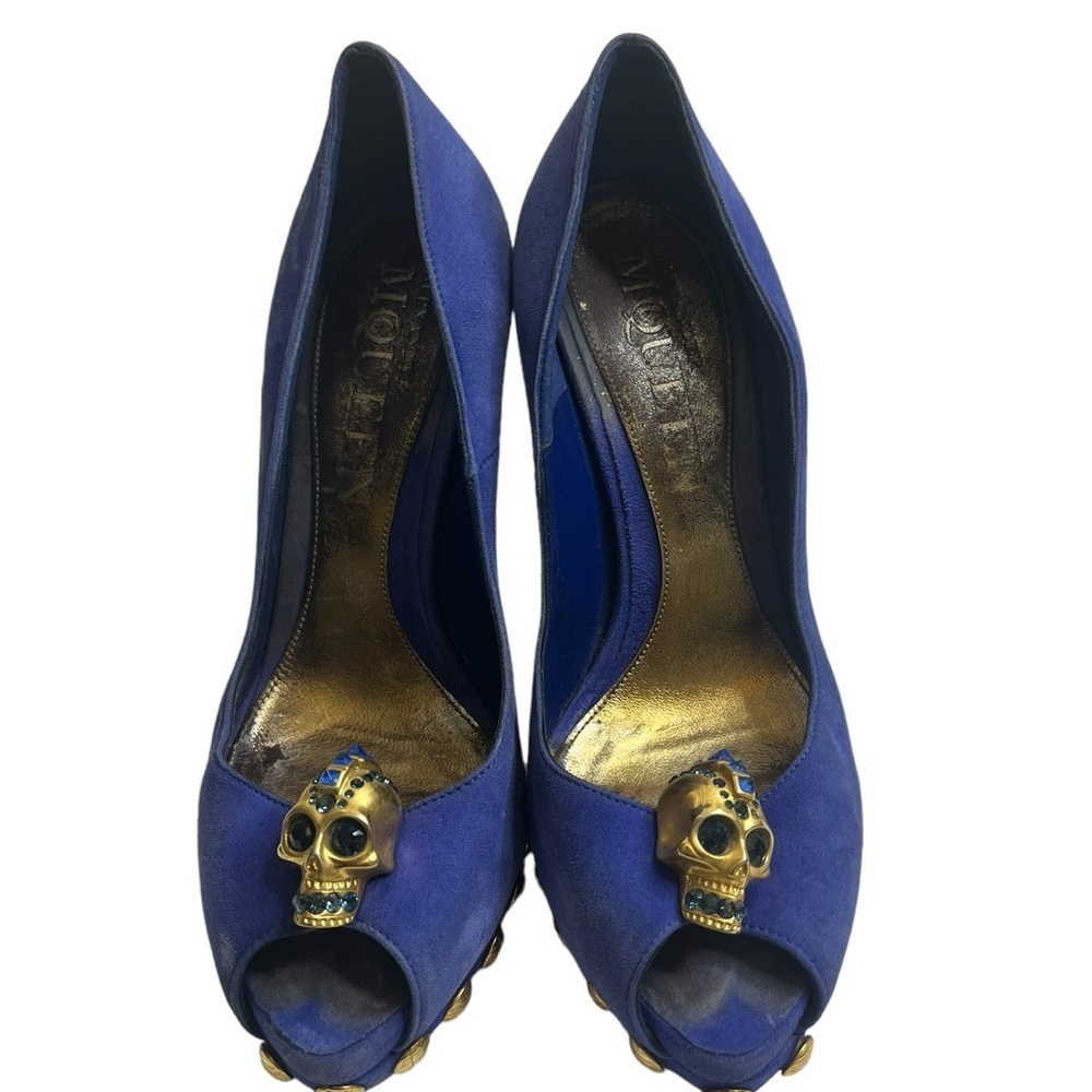 Alexander McQueen Blue Suede Skull Studded Platform Peep Heels 36